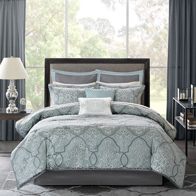 Madison Park Lavine 12 Piece Complete Bed Set in Blue, King MP10-1666
