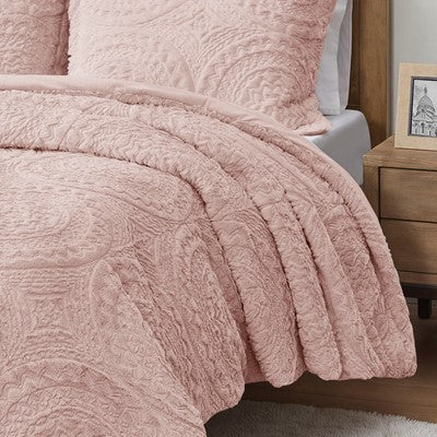 Madison Park Arya Embroidered Medallion Faux Fur Ultra Plush Comforter Mini Set in Blush, King / Cal King MP10-5062