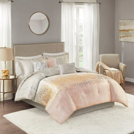 Madison Park Midnight Garden 7 Piece Metallic Print Comforter Set in Blush, King MP10-7058