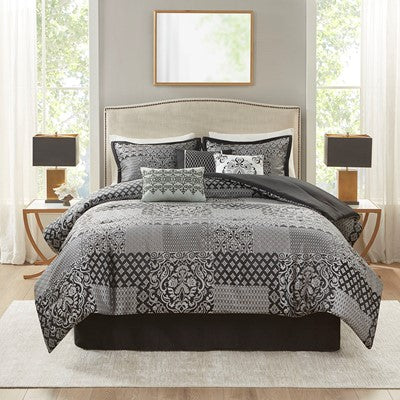 Madison Park Cassian 7 Piece Jacquard Comforter Set in Black, Queen MP10-7698
